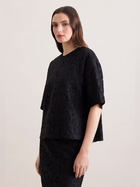 Robert Rodriguez black damask embossed lace trim top